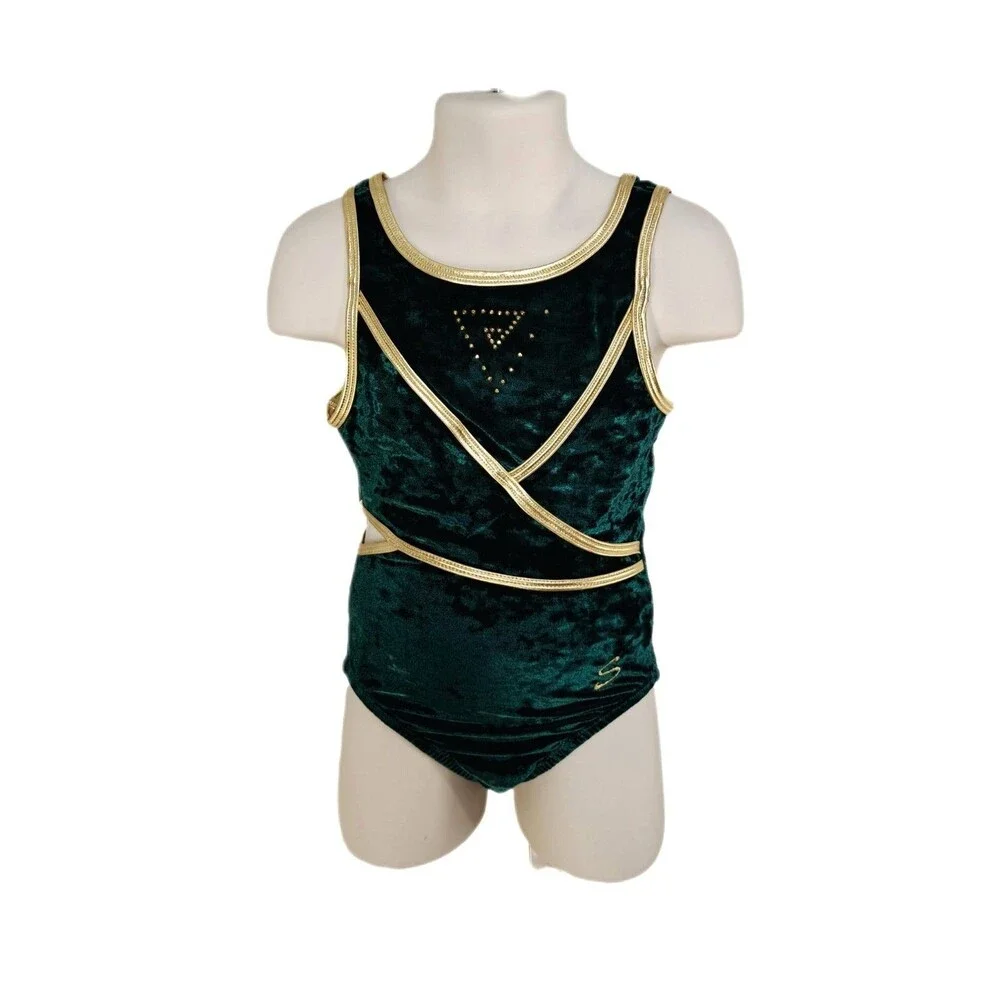 Satara Crushed Velvet Cutout Leotard Green Gold Bling Kids CS Elfcore Fairycore
